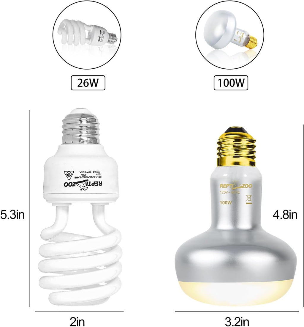 REPTI ZOO Reptile Heat Lamp Combo Pack with Dual Reptile Light Fixture, 100W Intense Basking Spot Light UVA Daylight Heating Lamp & 26W Energy Saving UVA UVB Bulb Spiral Compact Bulb 10.0