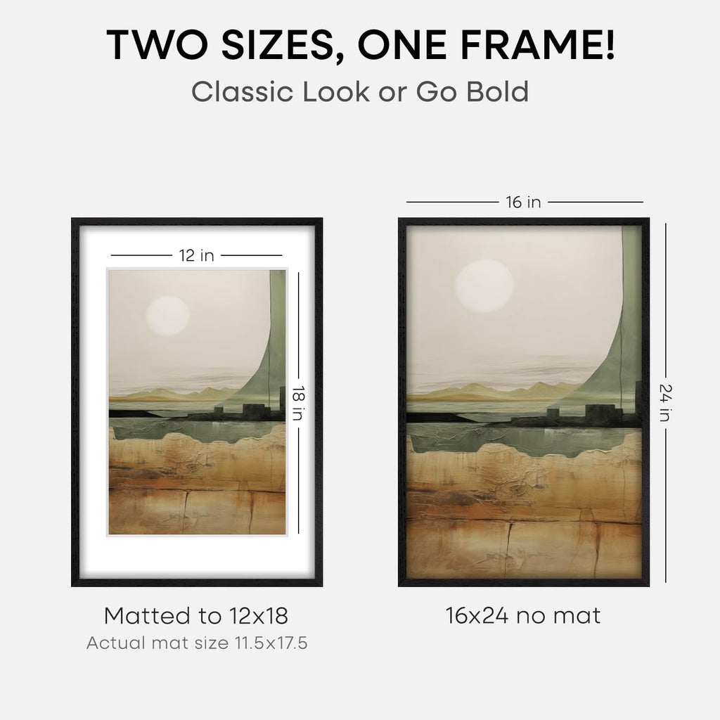 Homeforia 16x24 Black Wood Frame, High End Oak 16x24 Picture Frames with Mat 12x18 Photo, 16 x 24 Wooden Poster Frame Matted to 12 by 18 Print, 24x16 Hanging Frames, Tempered Glass, Wall Kit, Set of 2