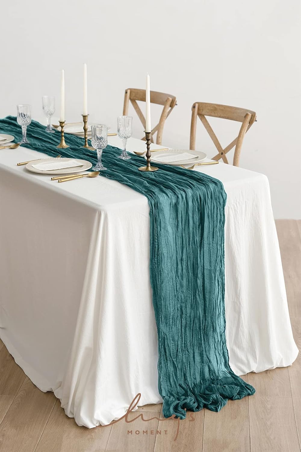 Ling's Moment 14Ft Gauze Teal Blue Table Runner Cheesecloth Tablecloth for Wedding Party Bridal Shower Boho Table Decor, Semi-Sheer