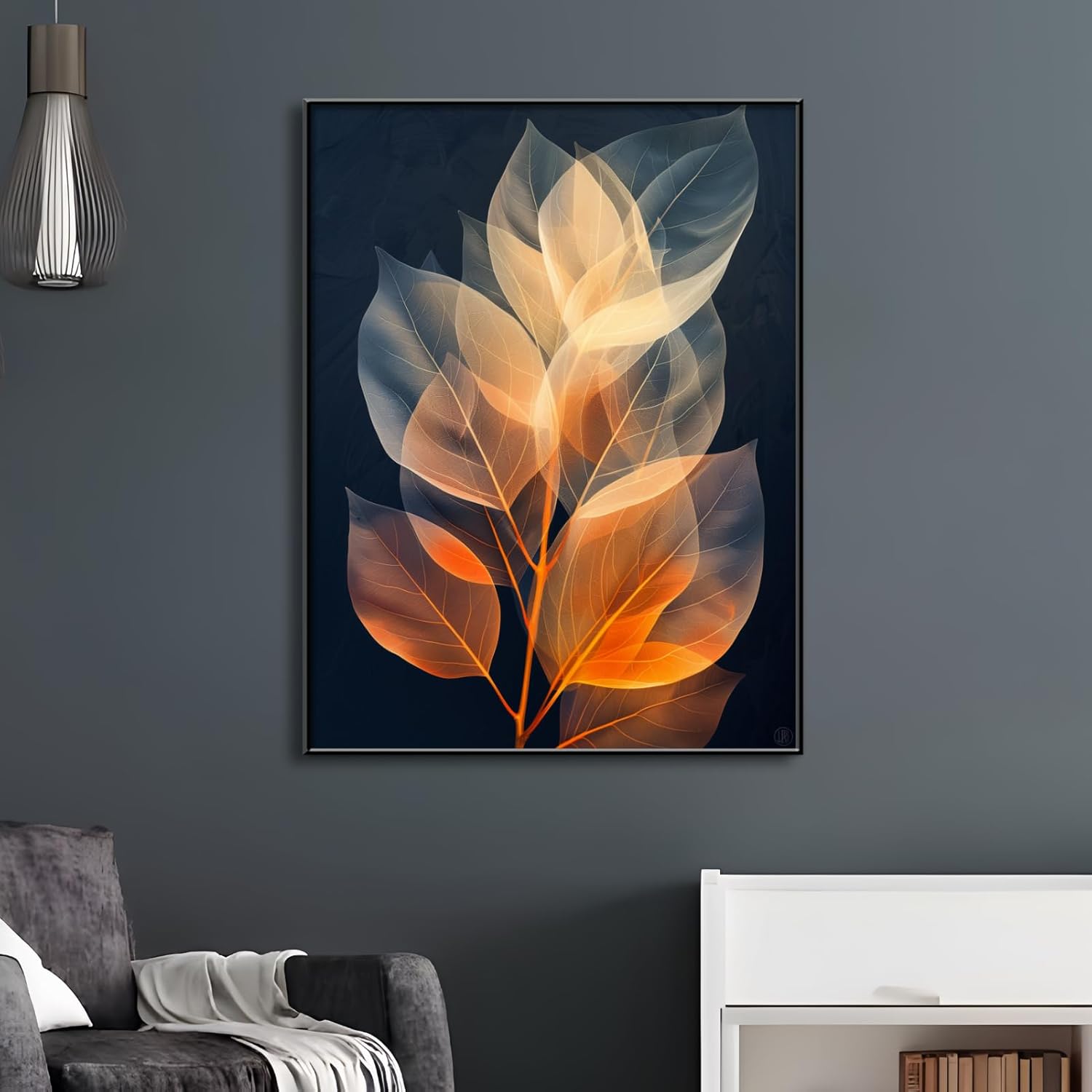 Botanical Leaf Canvas Wall Art, Modern Nature-Inspired Decor for Living Room, Bedroom, Office Ready to Hang (Serene Hues, 35"Wx47"H/90x120cm, Black Frame)