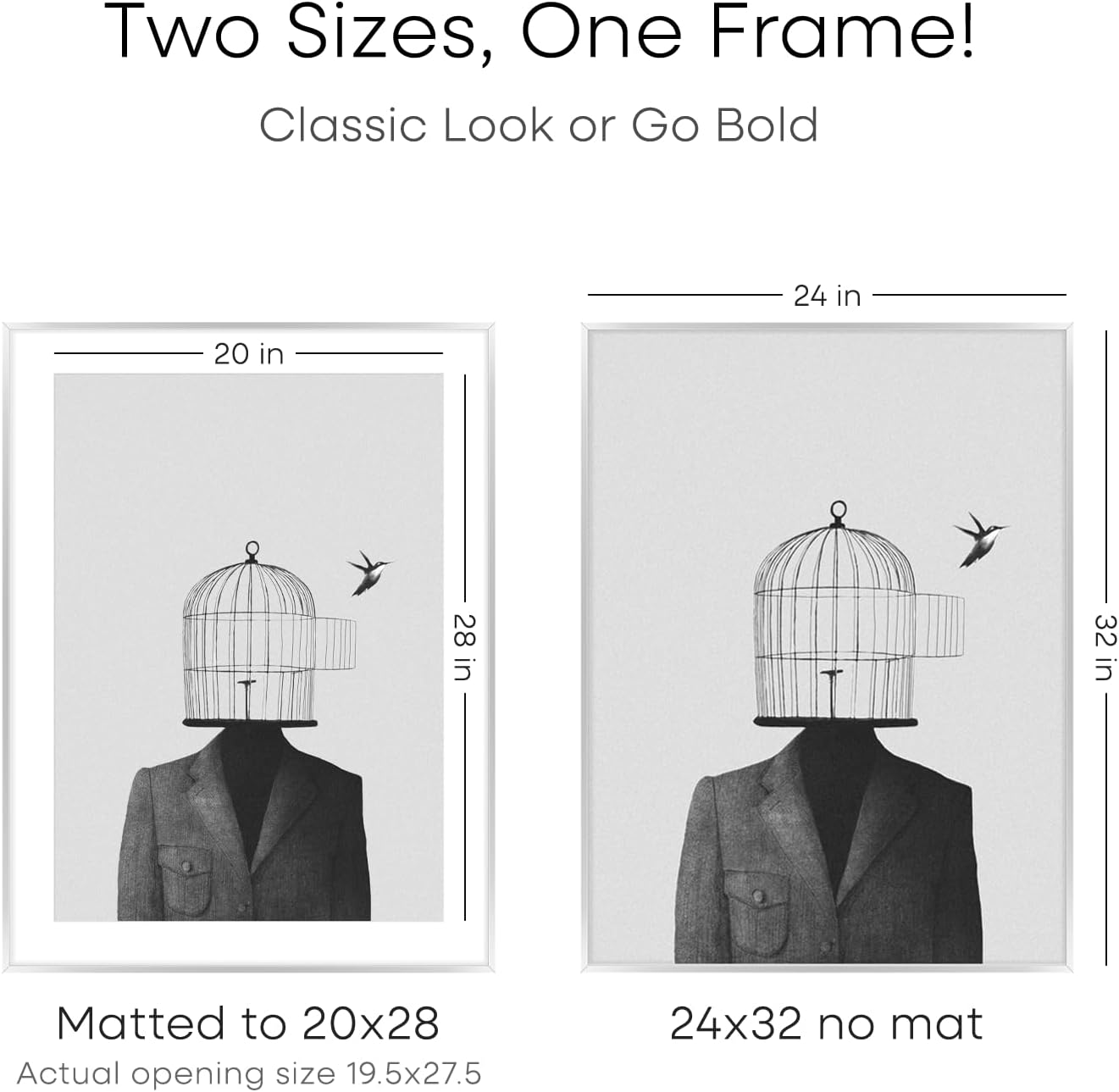 Homeforia Poster Frame 24x32 Silver, High End Metal 24 x 32 Large Picture Frame with Mat 20 x 28 Photo, 24x32 Silver Frames Matted to 20x28 Print, 32x24 Thin Frames, Tempered Glass, Wall Kit, Set of 2