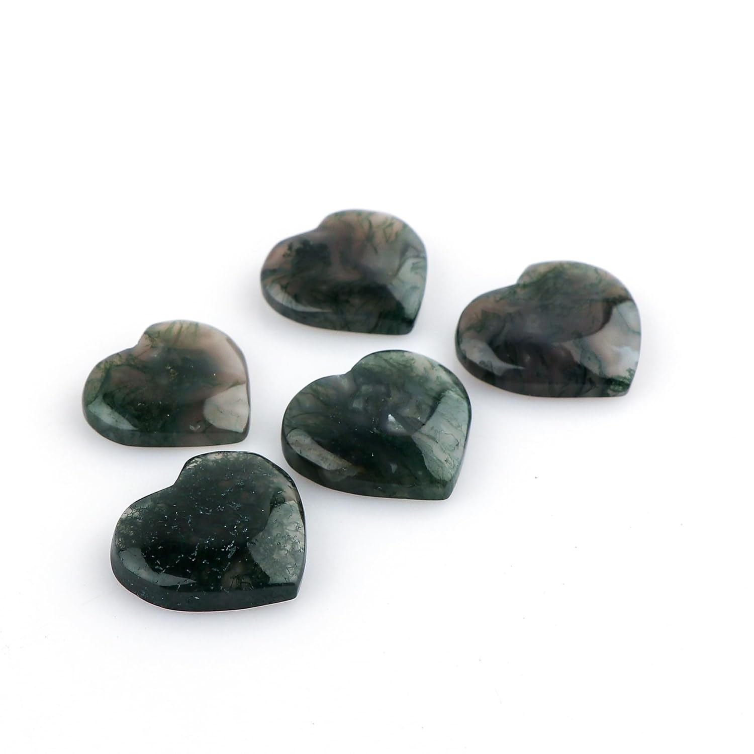 CRYSTALIS 4pcs Natural Moss-Agate Hearts, Loose Gemstone, Wholesale Bulk Cabochons, Jewelry Making Supply, Chakra Healing Polished Stones, Wire Wrapping, DIY, Gem Collection