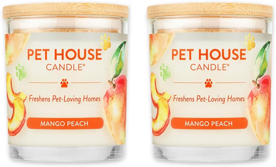 One Fur All Pet House Candle 2 Pack - Plant-Based/Soy - Clean Burning Scented, Long Lasting Pet Odor Candle for Home - Mango Peach