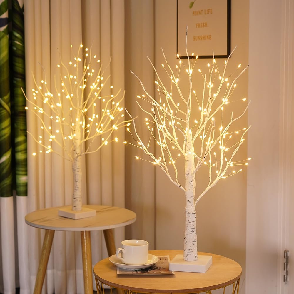 Lighted Trees for Indoor Decor, 24”2FT White Birch Tree with 144 LED Lights, Lighted up Tree Lamp USB/Battery Powered Timer, Artificial Trees for Table Home Christmas Decor (2)