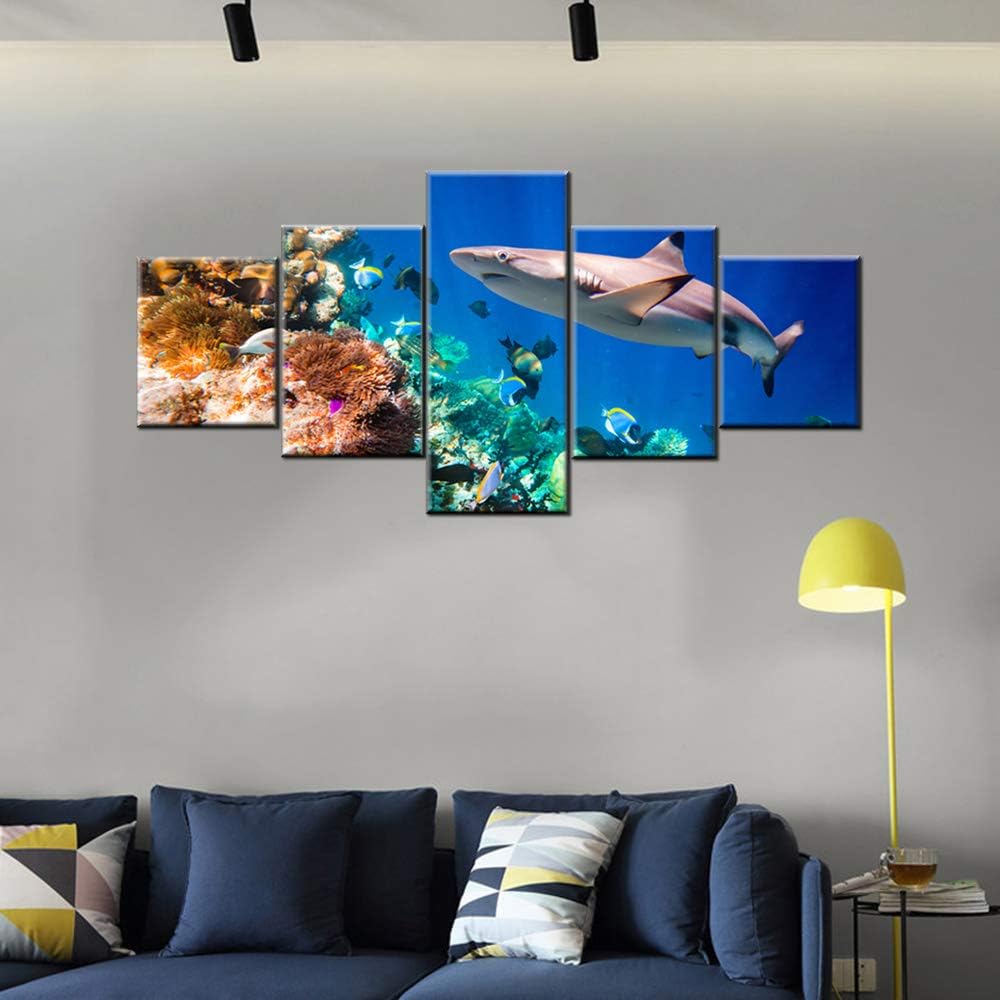 House Decorations Living Room Sharks and Many Small Fishes Pictures Blue Undersea Paintings 5 Panel Coral Canvas Wall Art Seascape Artwork Framed Giclee Ready to Hang Poster and Prints(50''Wx24''H)