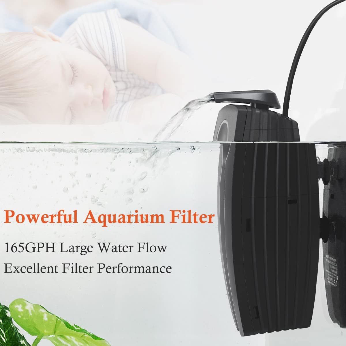 FEDOUR 165GPH Aquarium Filter U-V, 8W Adjustable Fish Tank Filter, U-V Submersible Internal Filter for 10-50 Gallon Tank, with Biochemical Cotton (Black)