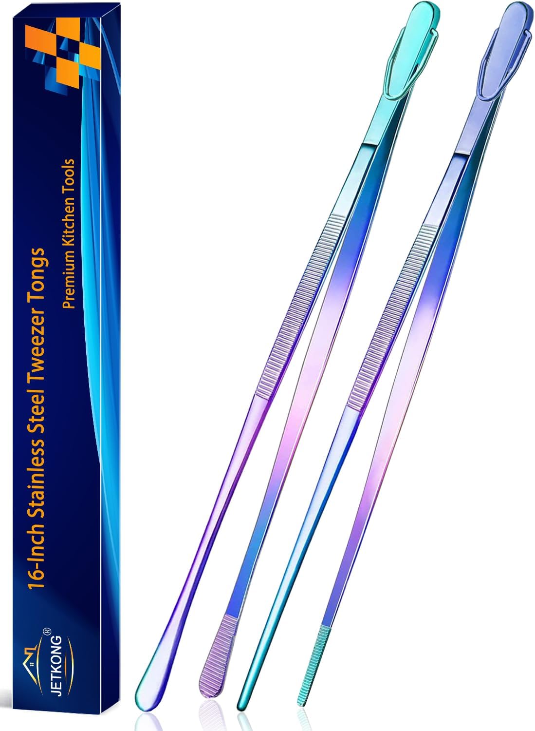 JETKONG 2 Pcs 16-Inch Stainless Steel Fine Tongs Extra Long Chopstick Tongs Long Kitchen Forceps for Cooking (Rainbow)