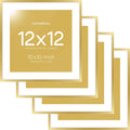 Homeforia 12x12 Picture Frame Gold, High End Metal 12 x 12 Square Poster Frame with Mat 10 x 10 Photo, 12x12 Frame Matted to 10x10 Print, 12by12 Gold Hanging Frames, Tempered Glass, Wall Kit, Set of 4