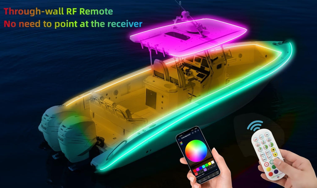 45FT LED Boat Lights, 12V APP RF Remote Control Pontoon Boat Lights, IP66 Waterproof RGB Marine Strip Lights, Boat Interior Light, Boat Deck Light for Bass Boat, Fishing Boat, Yacht