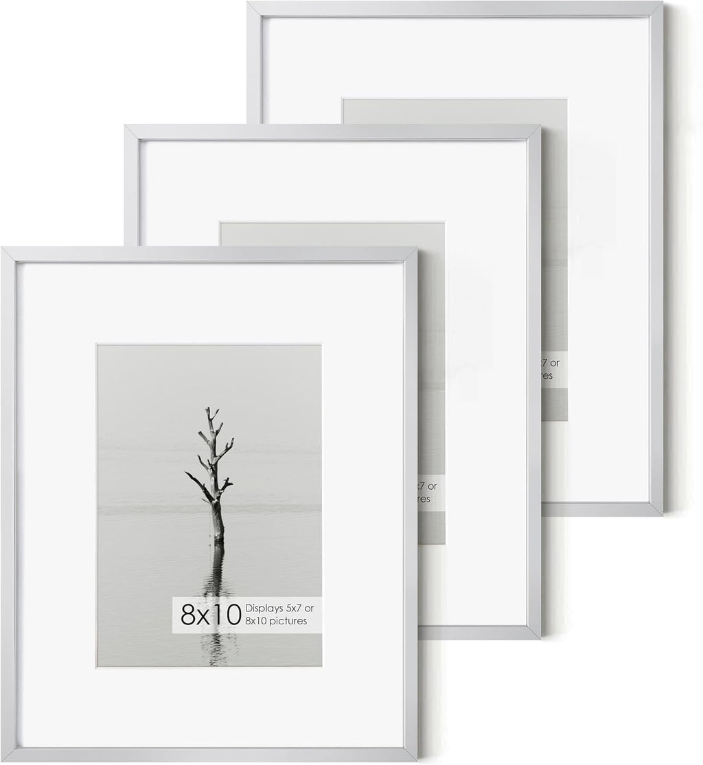Fun Memories 8x10 Inch Metal Picture Frame - Aluminum Photo Frames - 5x7 Mat - Ideal for Wall or Tabletop Display - Wall Hook Hanging Hardware Included - Set of 3 - Sliver