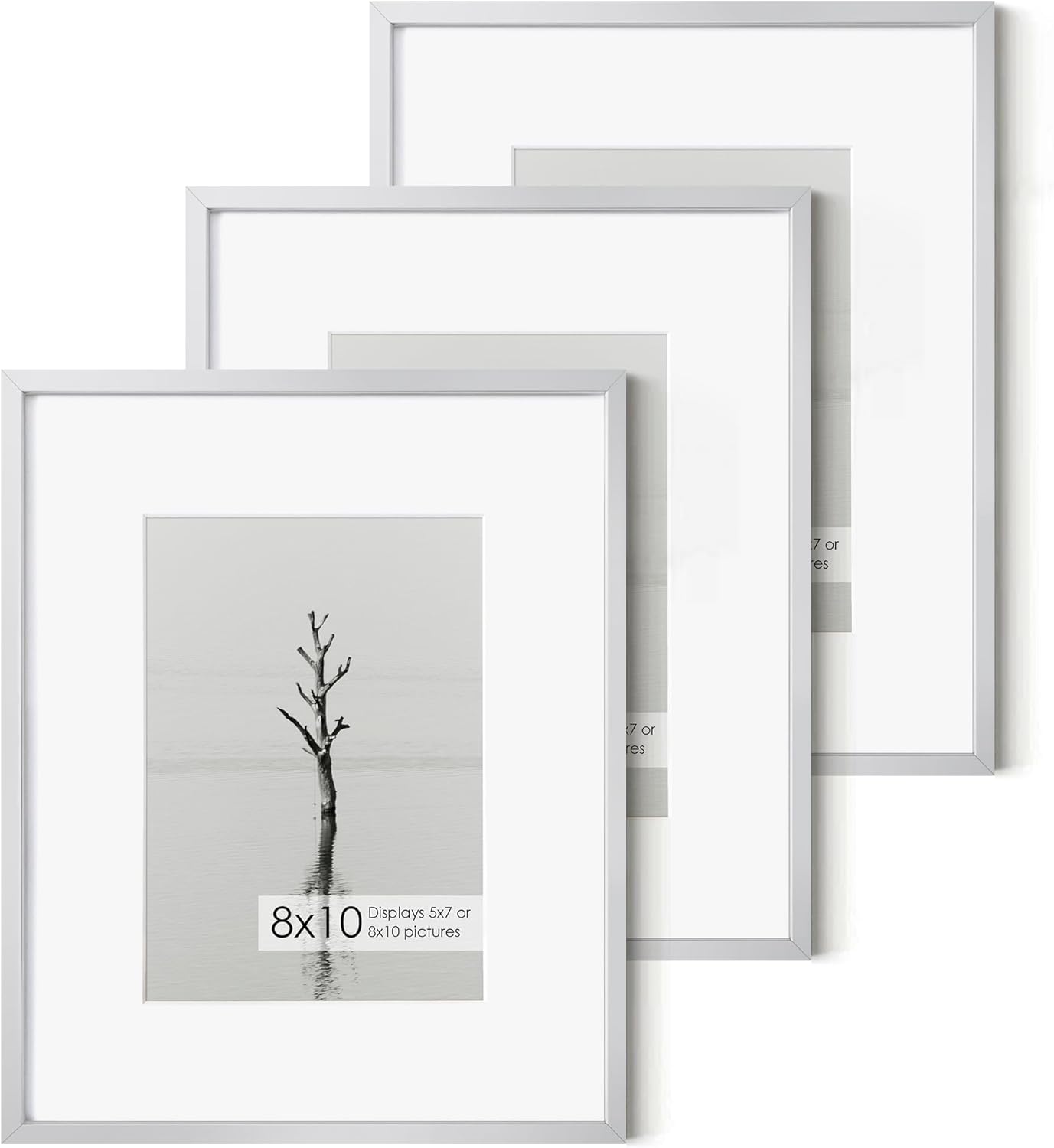 Fun Memories 8x10 Inch Metal Picture Frame - Aluminum Photo Frames - 5x7 Mat - Ideal for Wall or Tabletop Display - Wall Hook Hanging Hardware Included - Set of 3 - Sliver