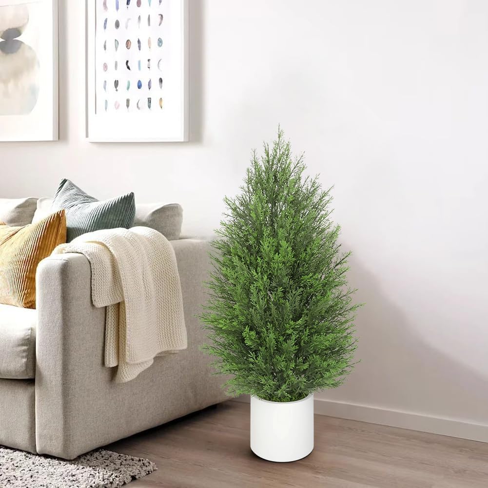 Briful 2PCS 3ft Artificial Cedar Topiary Trees in White Planter – Compact Faux Evergreen Potted Plants with Dense Realistic Layered Leaves, Lifelike Fake Cypress Trees for Home, Office, Patio, Porch