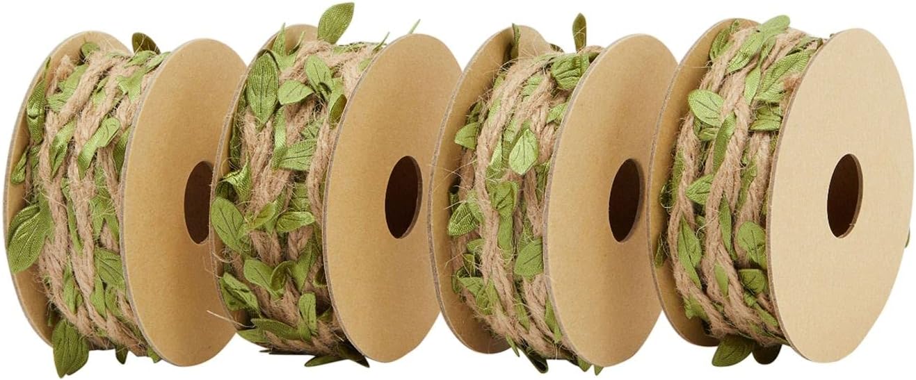 Juvale Burlap Leaf Ribbon - Jungle, Safari & Fairy Party, Enchanted Forest Decor, Vines for Crafts (4 Rolls, 65.6 Ft Total)