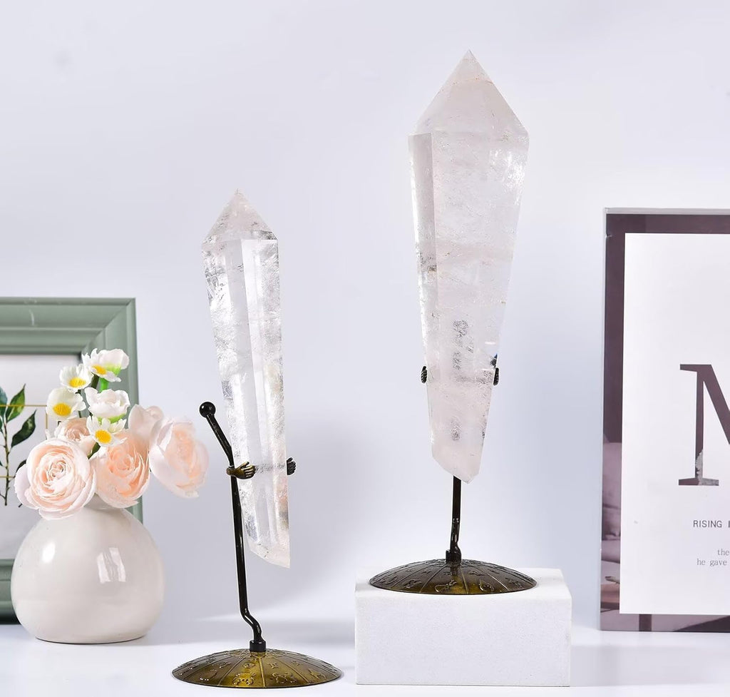 White Crystal Wand Point Long Healing Crystal Scepter Decorative Stone Reiki Meditation with Display Stand Home Office Decor 0.6-0.8LBS