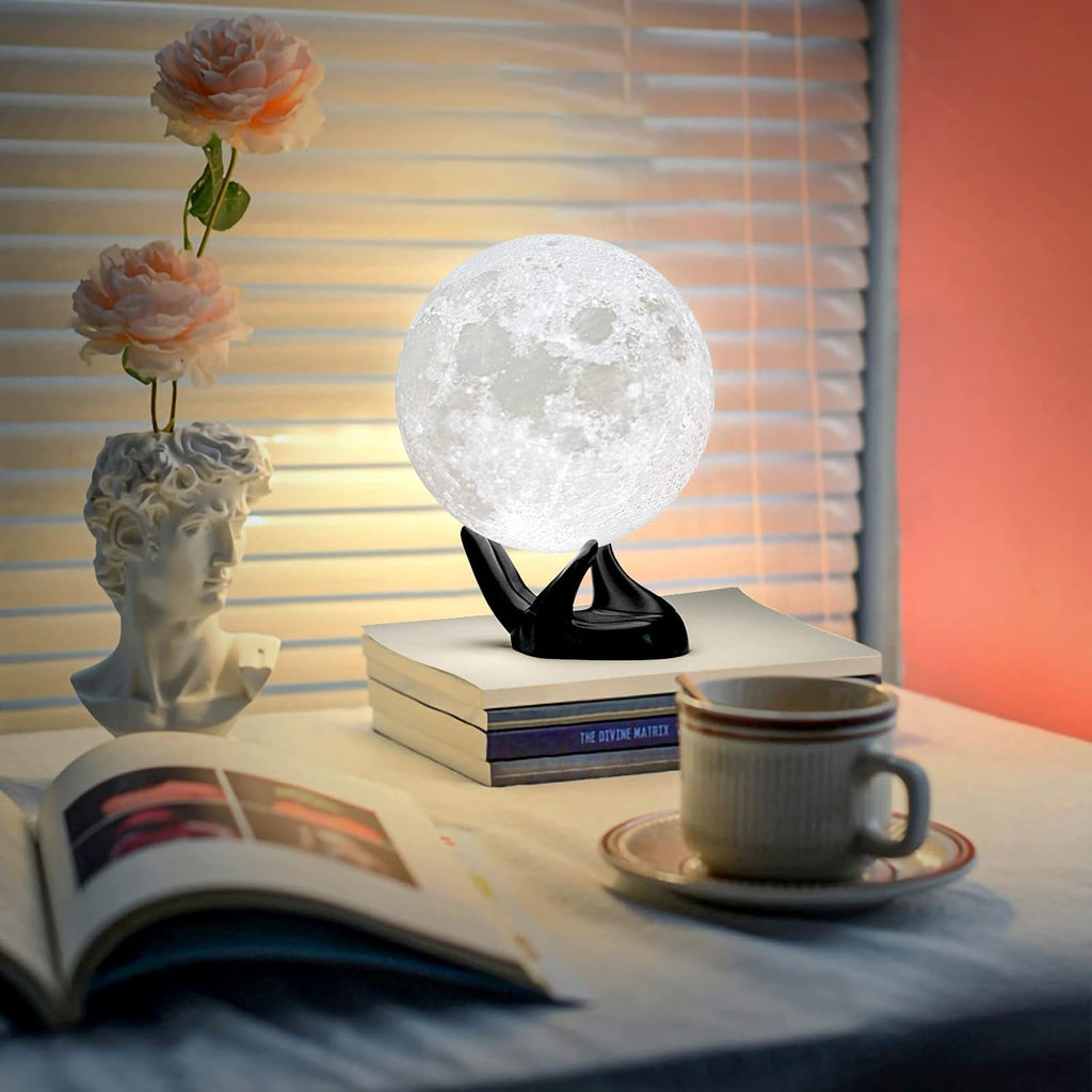 BRIGHTWORLD 5.9inch Moon Lamp 3D Printing Moon Light 16 Colors Night Light, Birthday Gift Mothers Day Gifts for Women Men Girls Boys Kids, Remote/Touch Control USB Rechargeable (Black Hand Stand)