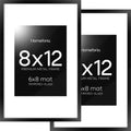 Homeforia 8x12 Picture Frame Black, High End Metal 8 x 12 Poster Frames with Mat 6 by 8 for Photo, 12x8 Frame Matted to 6x8 inch Print, 8by12 Wall or Tabletop Frame, Tempered Glass, Wall Kit, Set of 2