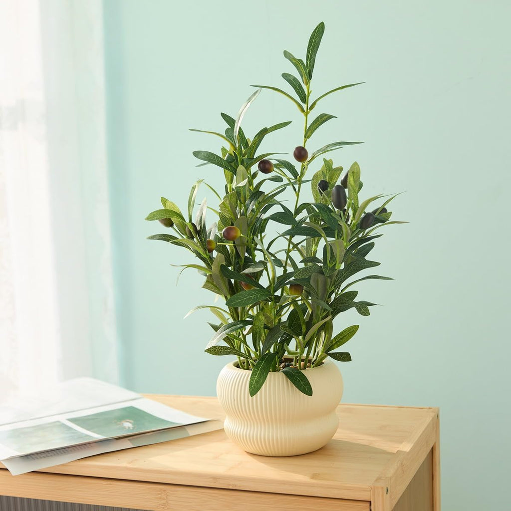 16 inch Fake Plants Indoor Greenery Leaf Faux Silk Olive Plant with Creamic Light Yellow Planter for Home Kitchen Office Hotel Housewarming Aesthetic Decoration
