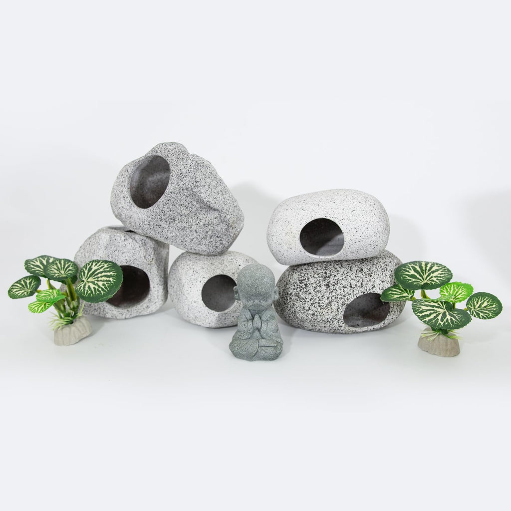 Aquarium Decorations Rock Caves Decor Betta Fish Tank Accessories 5PCS Hideout Stones House, 1PCS Aquarium Buddha Statue Decorations with Plastic Plants for Aquatic Pets Hide