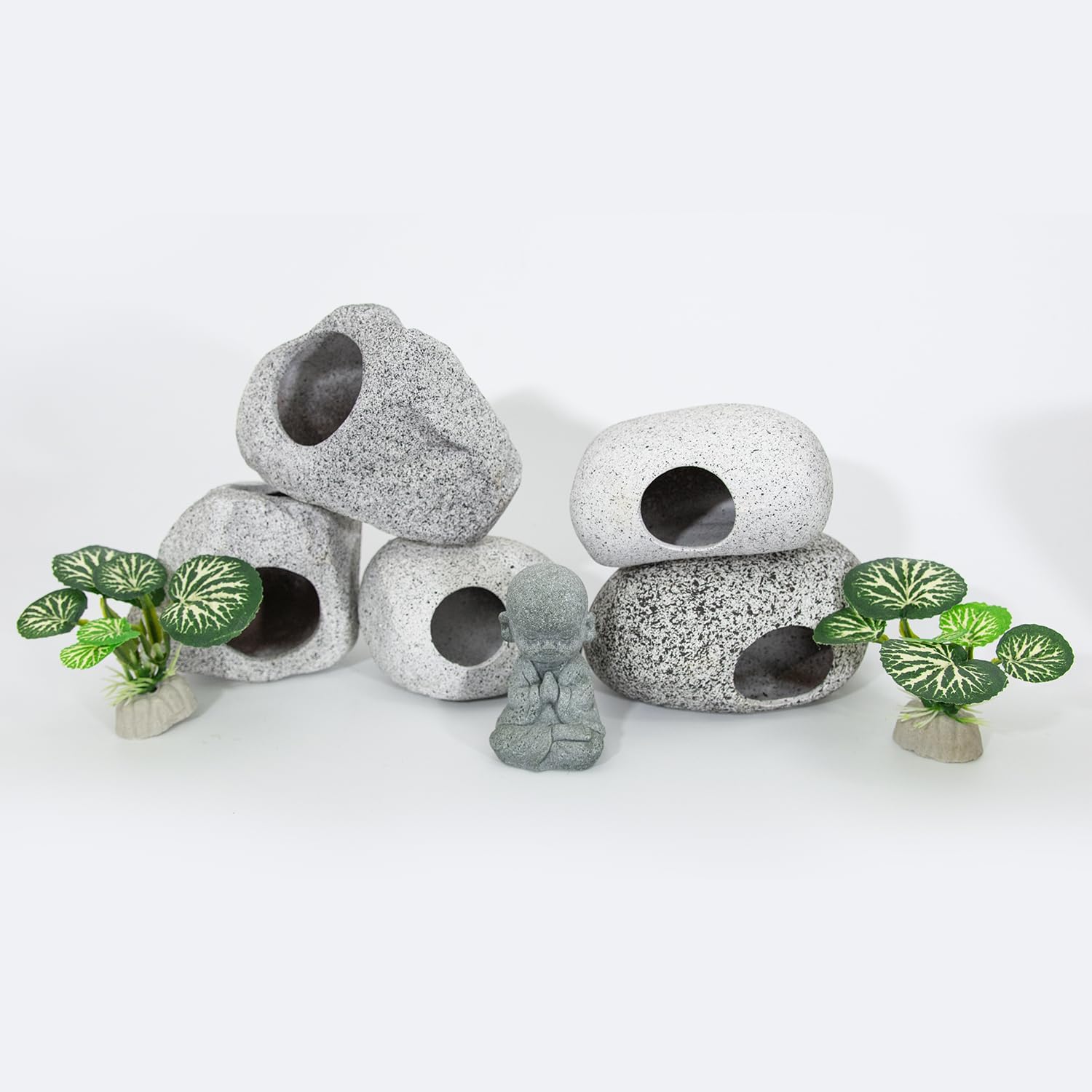 Aquarium Decorations Rock Caves Decor Betta Fish Tank Accessories 5PCS Hideout Stones House, 1PCS Aquarium Buddha Statue Decorations with Plastic Plants for Aquatic Pets Hide