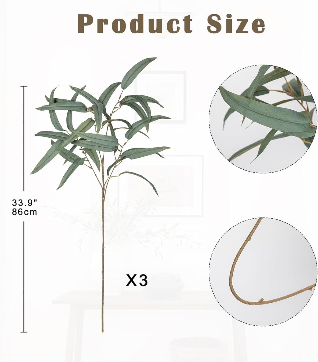 Briful Artificial Eucalyptus Willow Branches 33'' Tall Gray Fake Eucalyptus Stems Arrangement, Realistic Faux Greenery Stems, Indoor Plant, Home Housewarming Farmhouse Porch Vase Decor, Set of 3