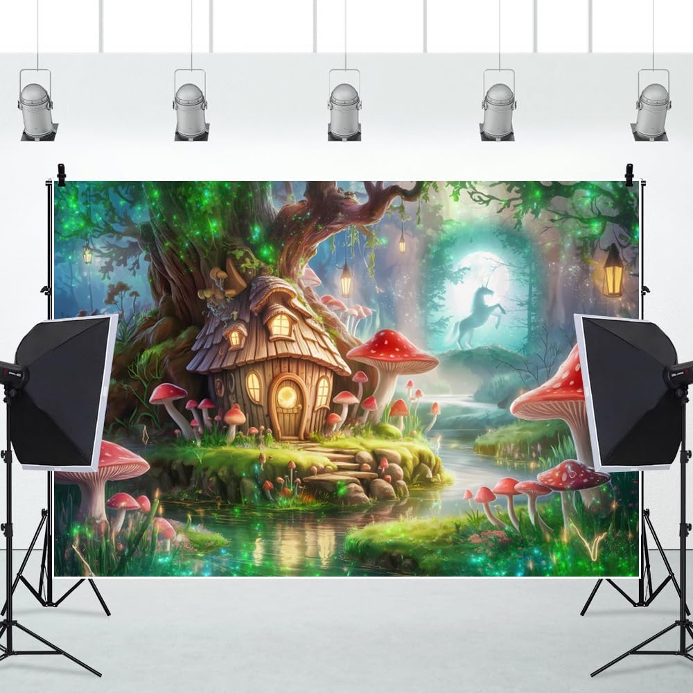 AOFOTO 15x10ft Magic Tree House Photoshoot Backdrop Mushroom Unicorn River Enchanted Forest Photography Background Fairy Tale Wonderland Theme Party Decoration Girls Princess Kids Birthday Banner