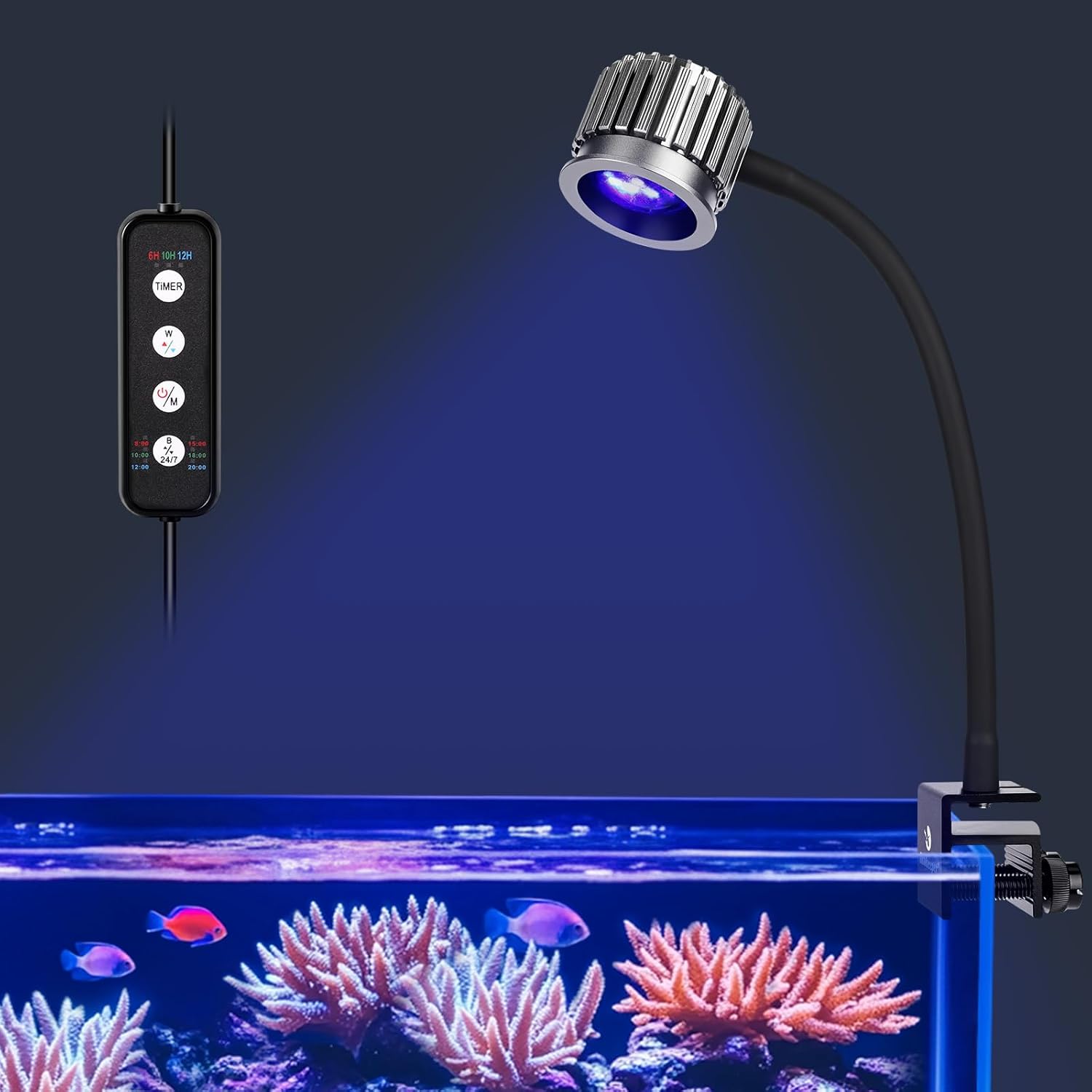 fishkeeper Clip On 24/7 Saltwater Aquarium LED Light, 8W Reef Lights for Coral DIY Color/Brightness Fish Tank Light with Timer for Coral Marine Tank Memory Function