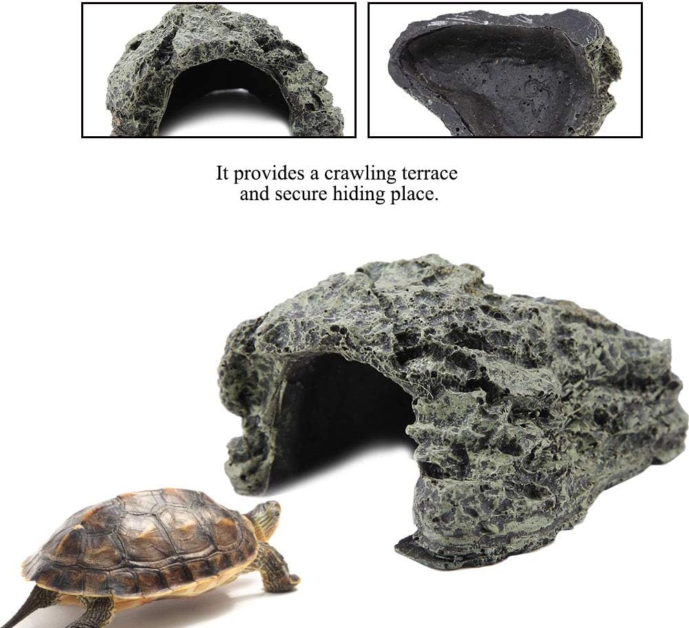Reptile Hideout Cave,Resin Rock Hides Habitat Decor Fish Tank Decorations Shelter Tortoise Basking Terrace Pet Terrarium Nest Decoration for Gecko,Spiders,Frogs,Fish,Turtles and Hermit Crabs