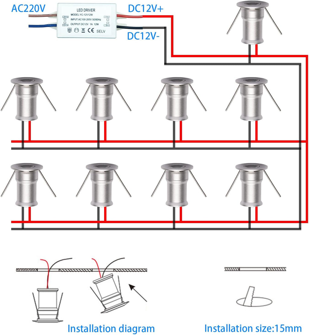 902 30°Led Mini Spotlight DC12V 1W,Suitable for bookcases,cabinets,and Various Display cabinets as Decorative Lights,Embedded Installation,Soft Lighting,with Power Supply (3000K,Silver,9Pack)