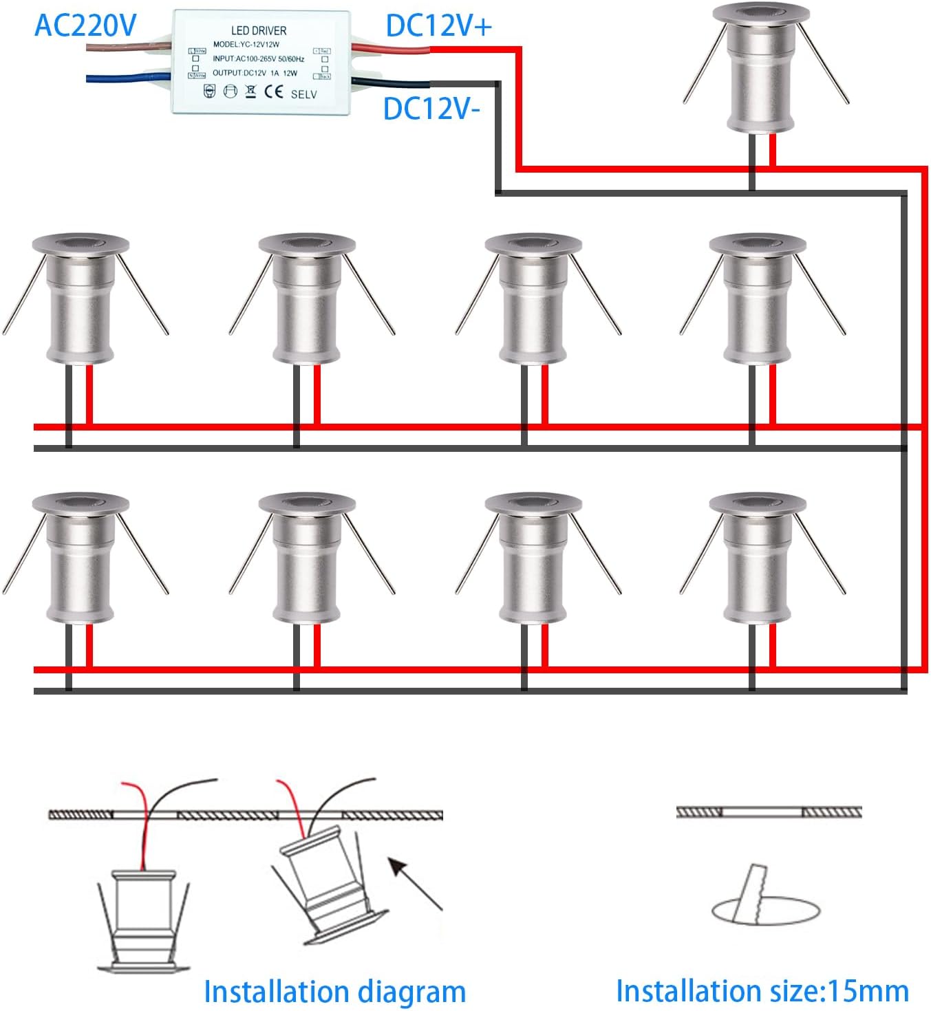 902 30°Led Mini Spotlight DC12V 1W,Suitable for bookcases,cabinets,and Various Display cabinets as Decorative Lights,Embedded Installation,Soft Lighting,with Power Supply (3000K,Silver,9Pack)