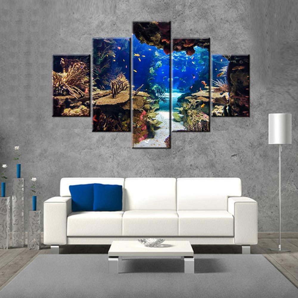 Blue Canvas Painting Coral Reef and Tropical Fish Wall Art Contemporary Pictures House Decor Multi Panel Undersea Plants Artwork Framed Ready to Hang in Living Room Posters and Prints(60''W x 40''H)