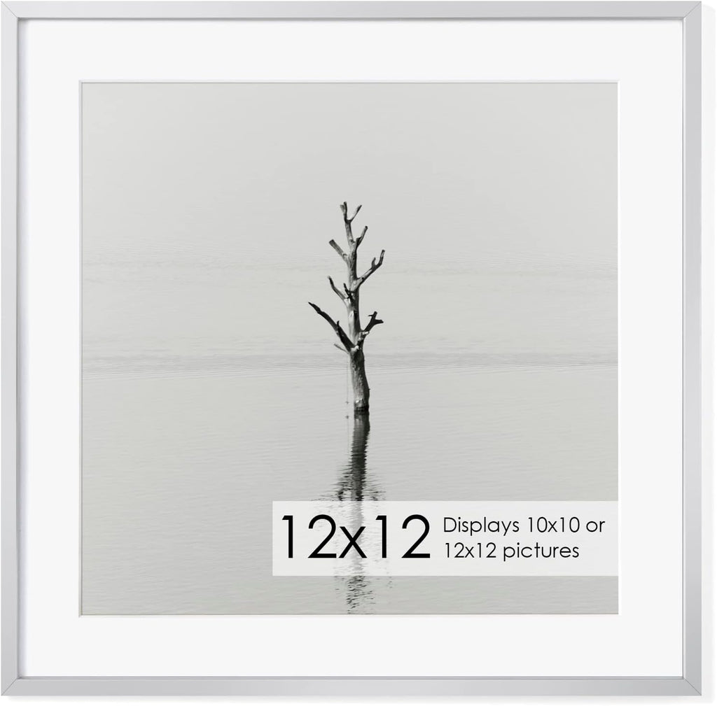 12x12 Metal Picture Frame with 10x10 Mat, Brushed Aluminum Finish, Attached Hanging Hardware, and Tempered Glass Front - Versatile Vertical or Horizontal Wall Display Frames Set of 1 - Sliver