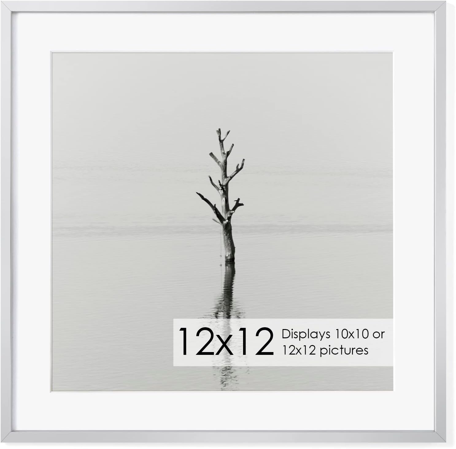 12x12 Metal Picture Frame with 10x10 Mat, Brushed Aluminum Finish, Attached Hanging Hardware, and Tempered Glass Front - Versatile Vertical or Horizontal Wall Display Frames Set of 1 - Sliver