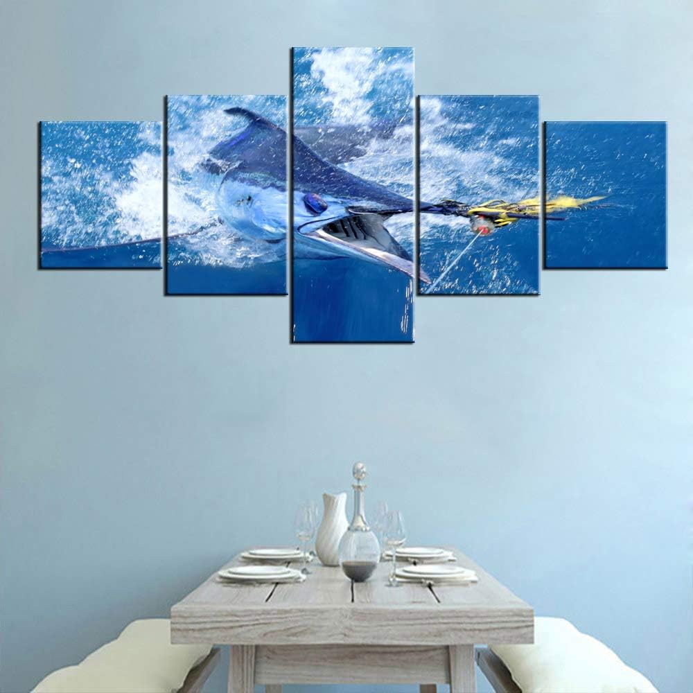 Shark Fish Wall Art for Living Room Big Game Fishing Pictures Blue Sea Paintings Multi Panel Prints on Canvas Ocean Wave Artwork Modern Home Decor Giclee Framed Stretched Ready to Hang(50''W x 24''H)