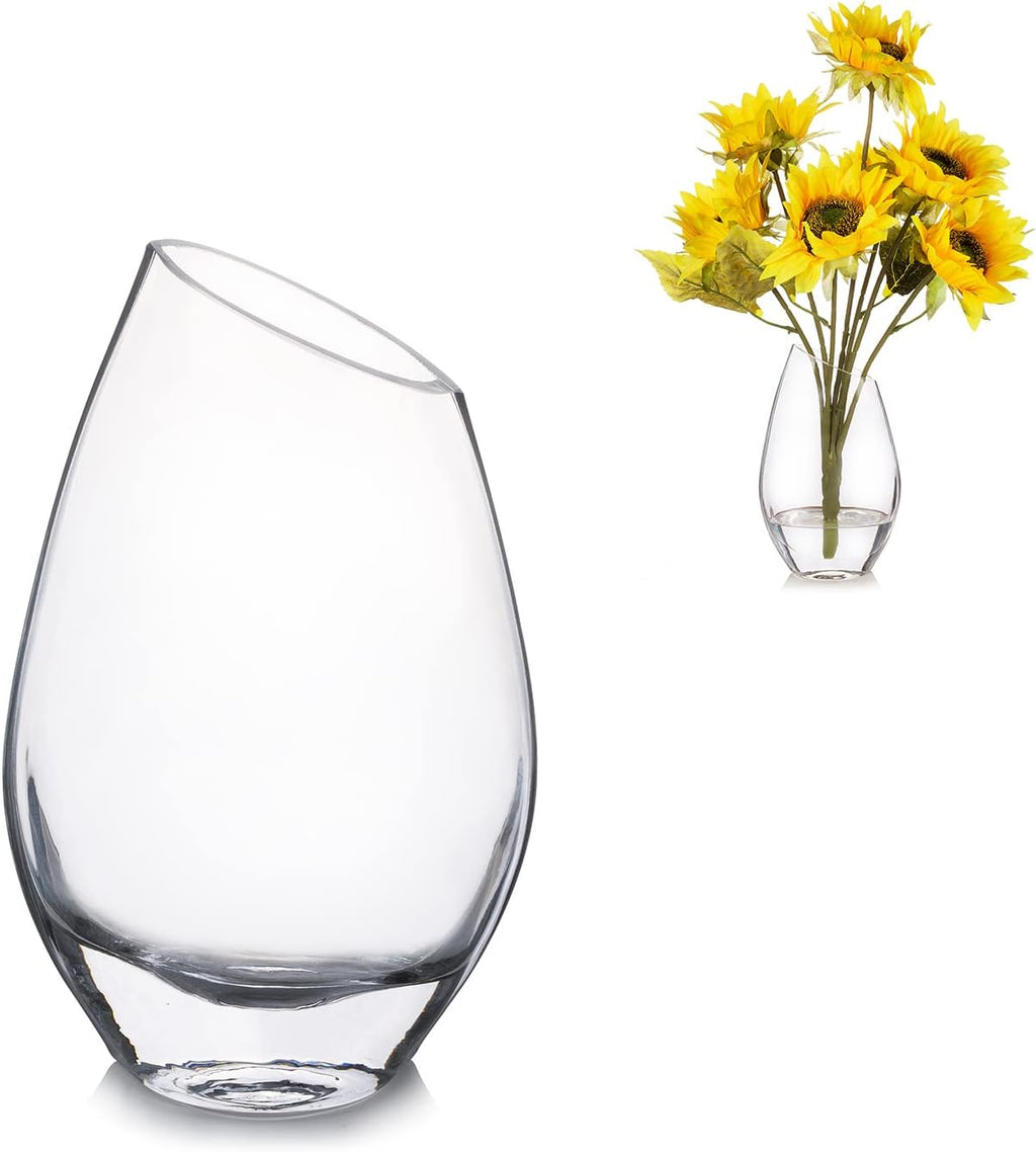 Enova Floral Unique Angled Rim Clear Glass Vase 4.5" W 8.0" H, Decorative Flower Vase for Home Decor Indoor, Wedding Centerpiece Event (1 Piece)