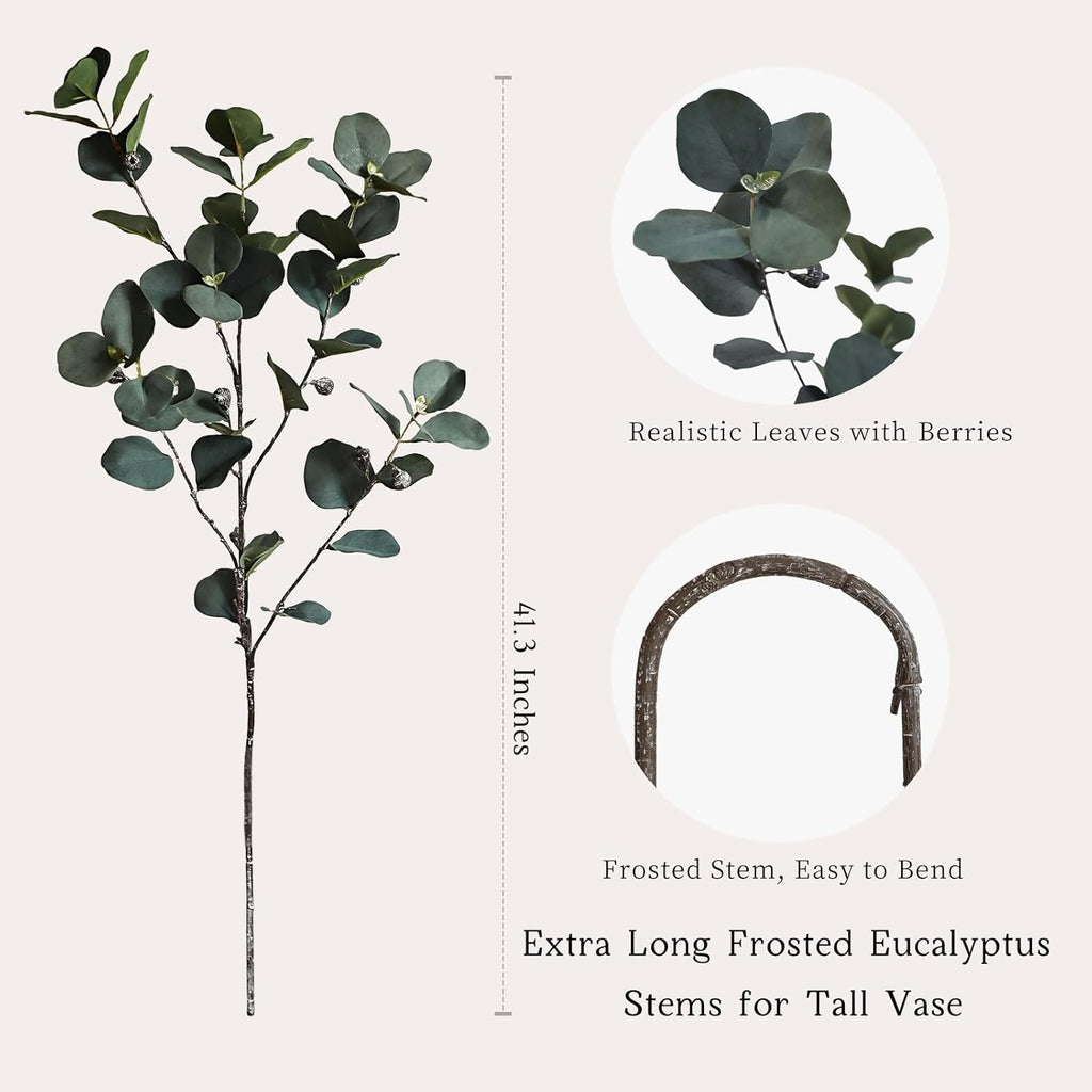 KBREE 41.3" Eucalyptus Stems, 3 Pcs Faux Eucalyptus with Seed Pods, Extra Long Stems Greenery Decor for Tall Vase, Home, Wedding & Office (Sage Green)