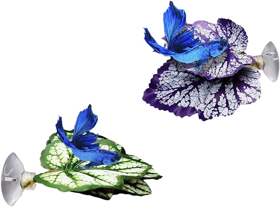 2PCS Betta Fish Leaf Pad with Suction Cup Hammock Simulating Habitat Realistic Resting Fish Rest Bed Aquariums Decor Hammock Simulating Habitat, Purple