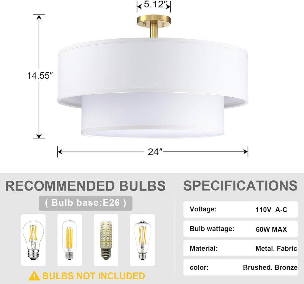 5 Light Off White Double Drum Fabric Shade Semi Flush Mount Ceiling Light,Close to Ceiling Light Fixture Gold Finish,24 inch Semi Flush Drum Light for Bedroom,Living Room,Dining Room Hallway
