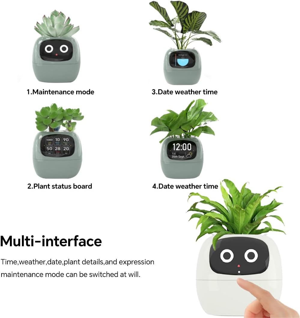 Smart Plant Pot with Expression, AI Intelligent Flower Pot for Indoor Decoration, Smart Garden Pot with Water/Light/Temperature Sensors, Ivy AI Planter ((Yellow)