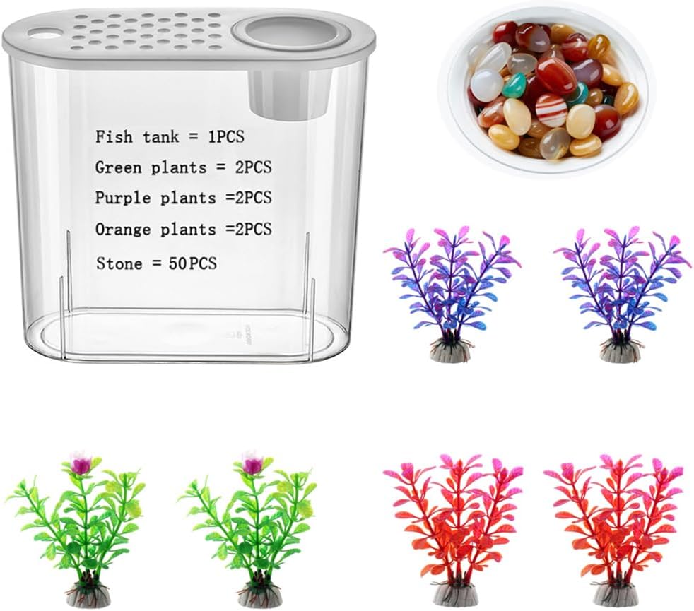 Small Fish Tank 2 Gallon, Desktop Mini Fish Tank, Starter Kits Betta Fish Tank with Decor Stones and Water Grass Decorations for Home or Office