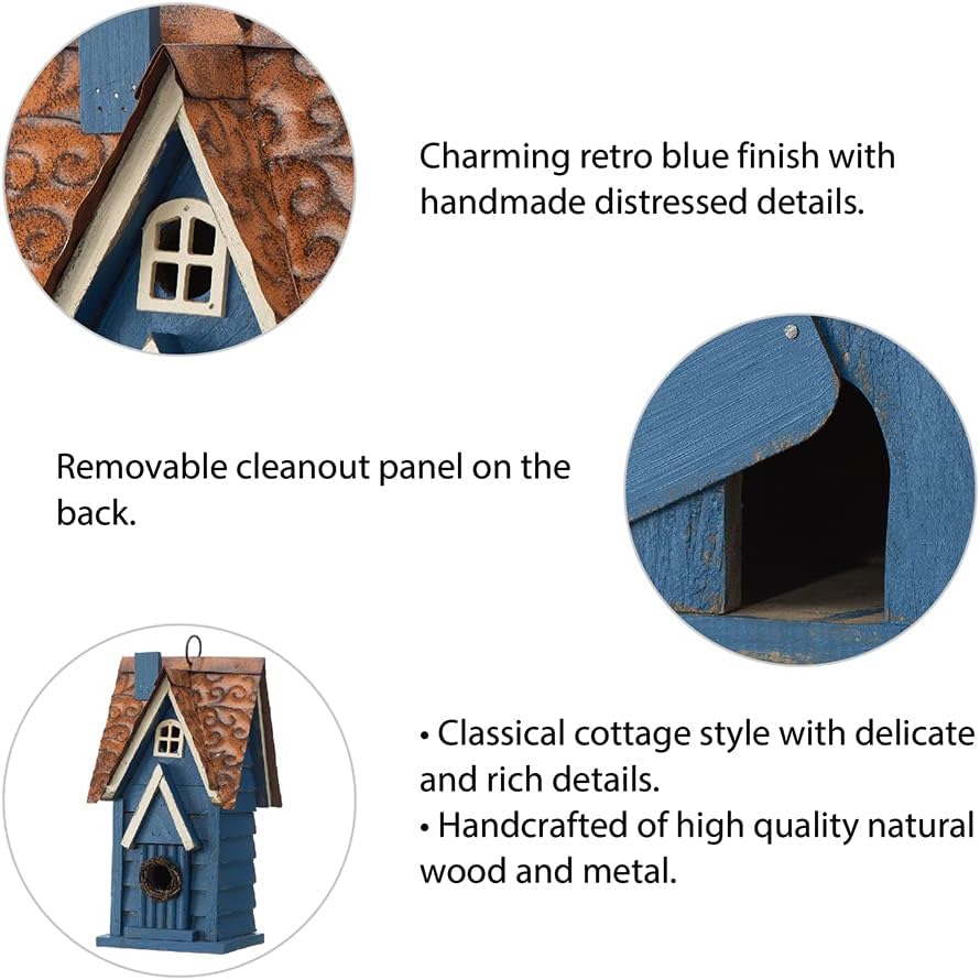 Glitzhome 12" H Retro Blue Distressed Solid Wood Cottage Birdhouse Hanging Bird House for Outdoors