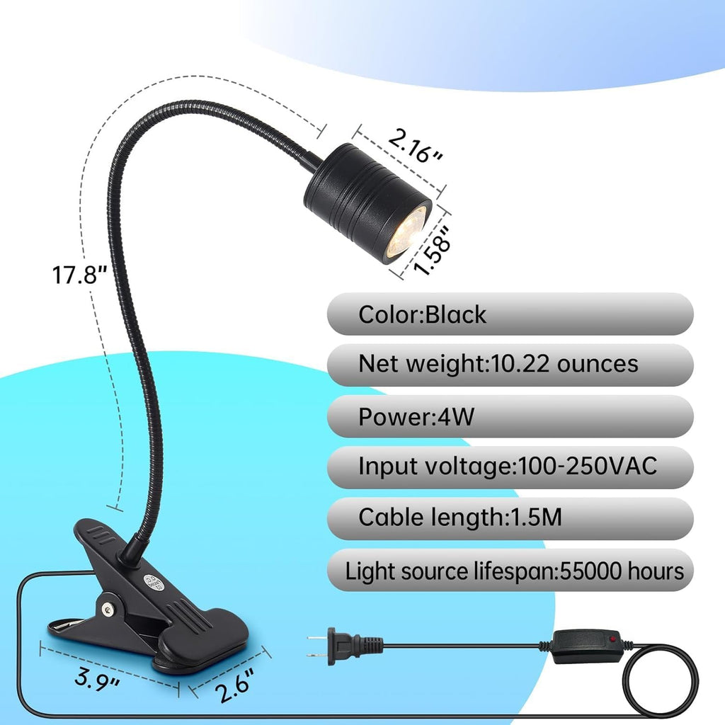 LED Aquarium Light, 4W Clip-on Fish Tank Lamp, 3 Colors, 17.8 Inch Flexible Arm, Full Spectrum for Plants and Coral