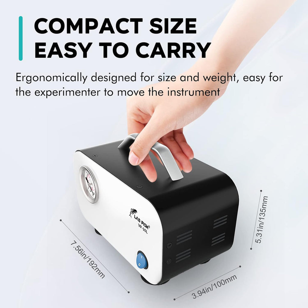 LAB FISH Lab Vacuum Pump 10L/min Portable Oilless Diaphragm Vacuum Filtration & Rubber Tube