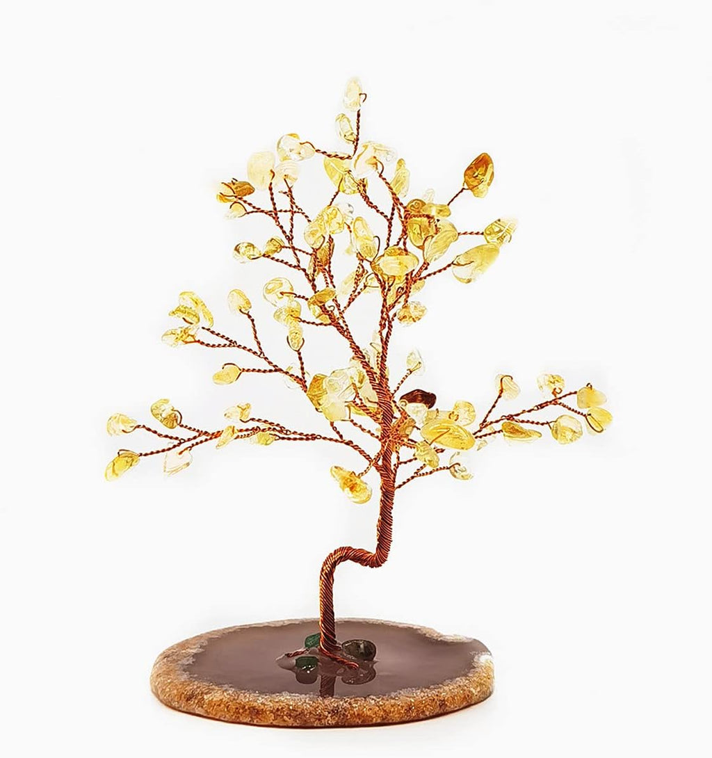 Quartz Crystal Feng Shui Money Tree Natural Agate Flakes Geode Base Bonsai Style Decoration for Luck and Wealth 3.6"- 4.6" (Yellow)