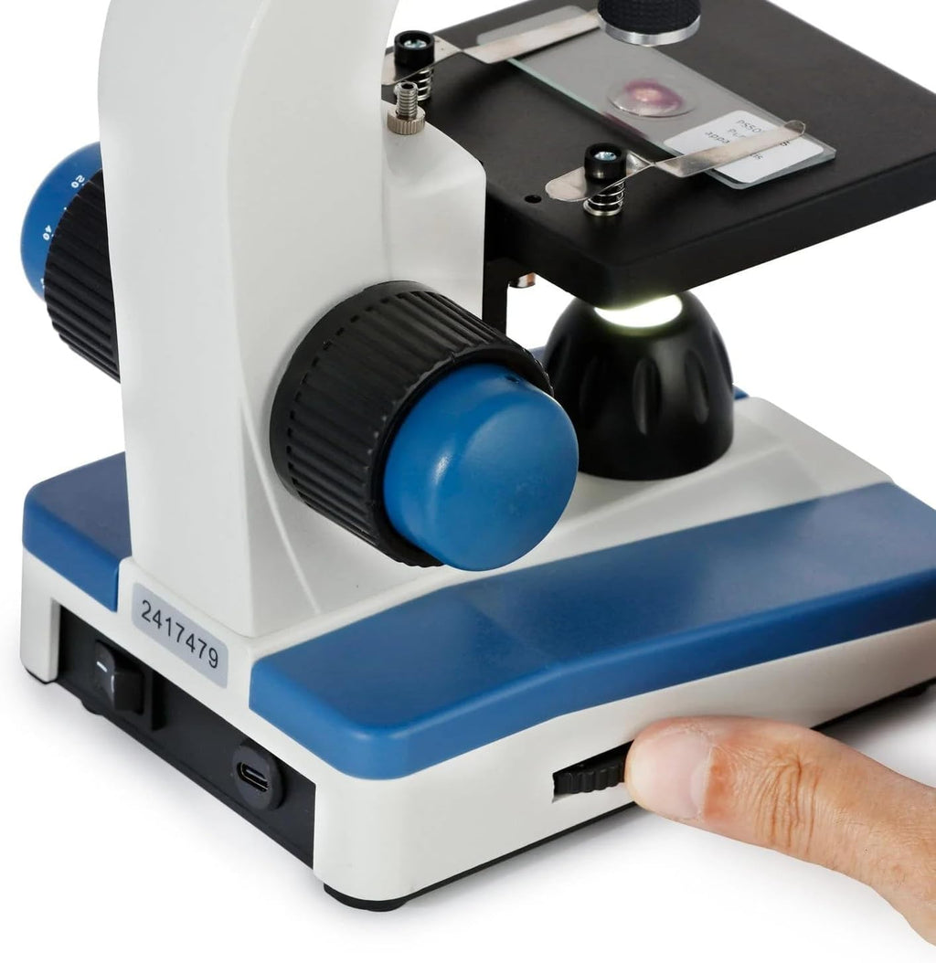AmScope M150C-PS25-WM Compound Monocular Microscope, WF10x and WF25x Eyepieces, 40x-1000x Magnification, LED Illumination, Brightfield, Single-Lens Condenser, Coaxial Coarse and Fine Focus, Plain Stage, 110V, Includes Set of 25 Prepared Slides and Book