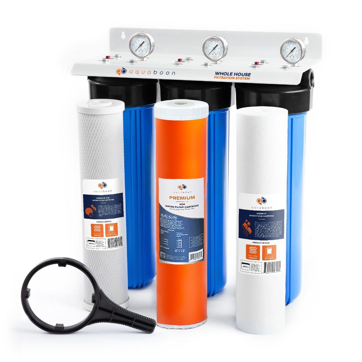 Aquaboon 3-Stage Whole House Water Filtration System with 20" Sediment, KDF, Carbon Filters, Pressure Gauges & Release, Wrench, White Coated Bracket