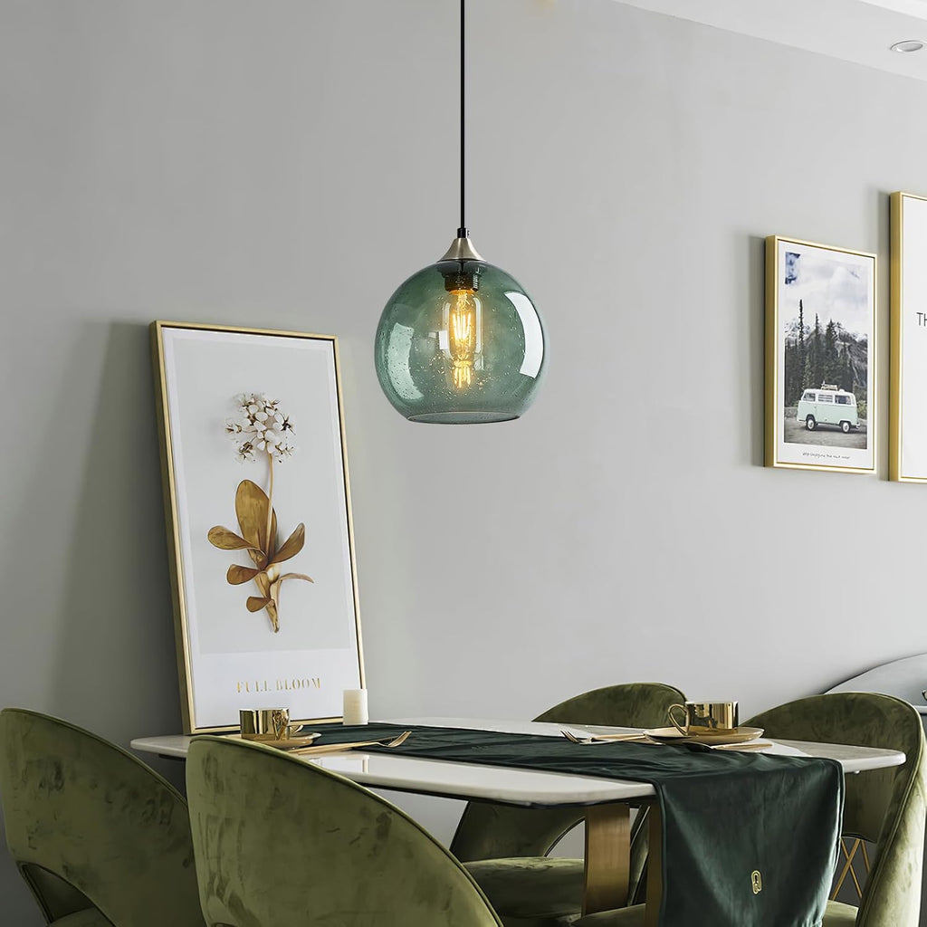 Gray Green Glass Pendant Lights Kitchen Island Lighting Globe Pendant Light Fixtures Modern Pendant Lighting for Kitchen Island Bedroom Living Dining Room Light Fixture(7.87in, 3-Pack)