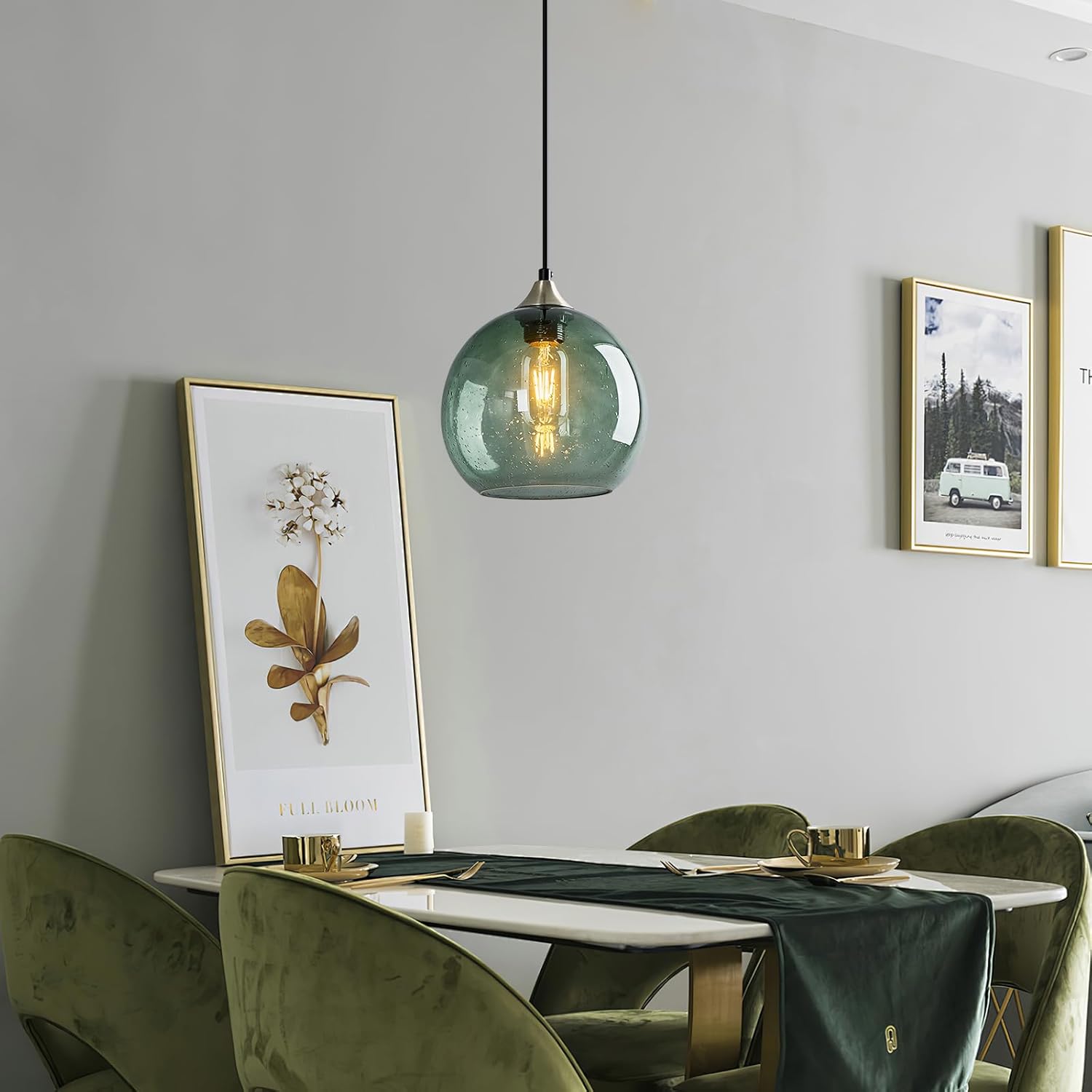 Gray Green Glass Pendant Lights Kitchen Island Lighting Globe Pendant Light Fixtures Modern Pendant Lighting for Kitchen Island Bedroom Living Dining Room Light Fixture(7.87in, 3-Pack)