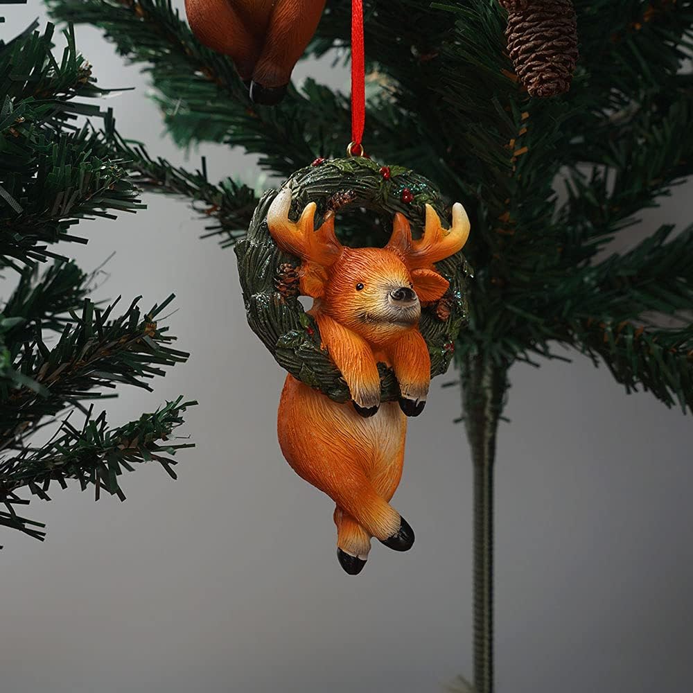 Christmas Small Animal Wreath Swing Ornament Hanging Decor for Xmas Tree Home Office Room Decoration with String (New, Elk)