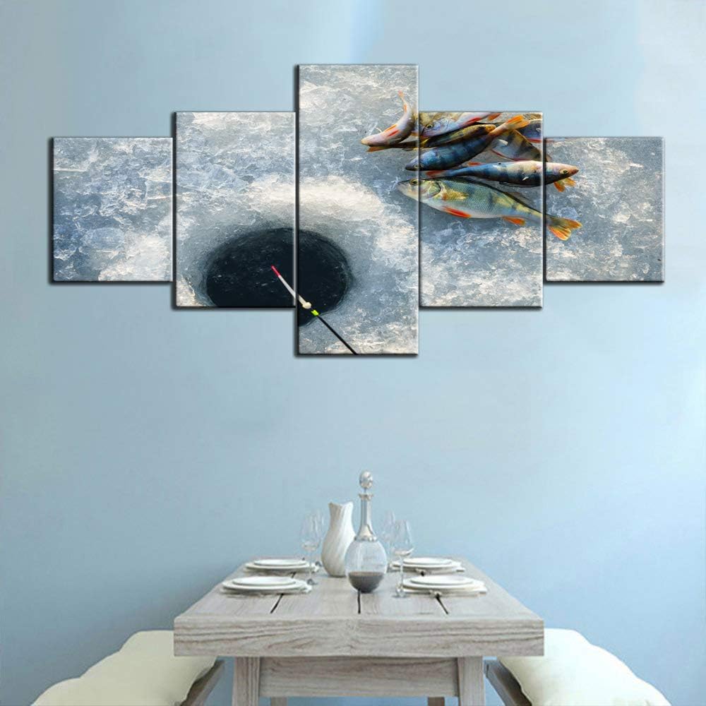 Canvas Pictures Caught Fish on Ice Fishing Wall Art for Living Room 5 Panel White Artwork Modular Abstract Paintings Modern Home Decor Wooden Framed Ready to Hang Posters and Prints(50''W x 24''H)