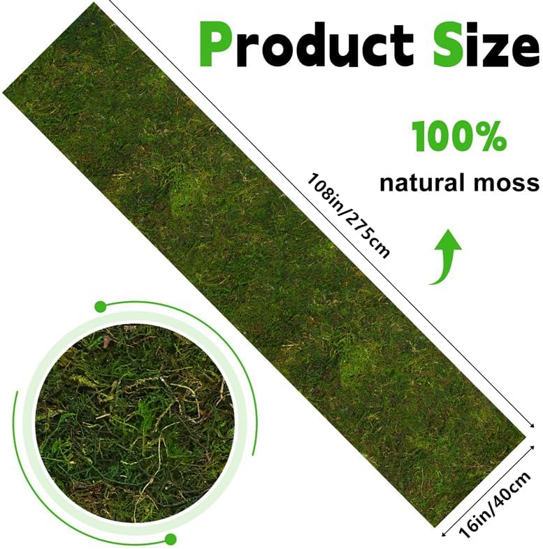 Dried Moss Table Runner Green Moss Sheet Roll for Crafts Preserved Moss Mat for Table Decoration Green Moss for Fairy Wedding Party Woodland Garden Decor (108 * 16 inch)